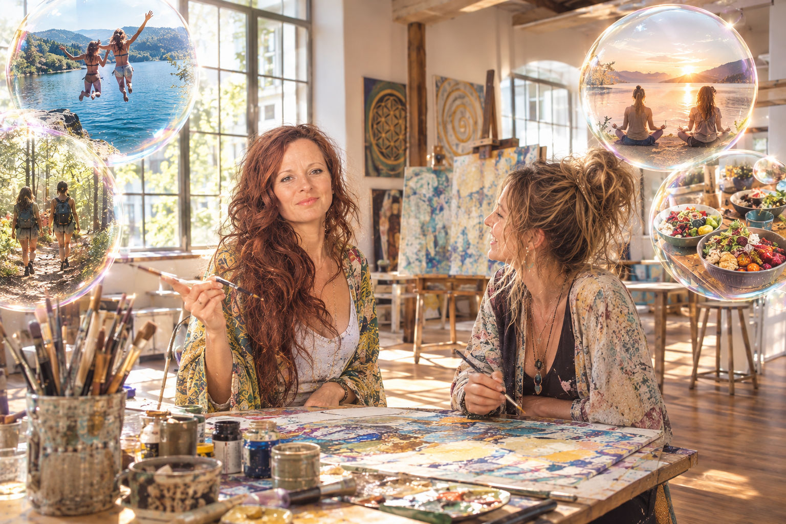 Zwei Frauen sitzen an einem Tisch in einem hellen Atelier und malen gemeinsam auf einer Leinwand, umgeben von Malutensilien und Leinwänden, während vier Gedankenblasen mit Bildern von Freizeitaktivitäten wie Springen in einen See, Wandern im Wald, Meditation am Wasser bei Sonnenuntergang und gesunden Speisen erscheinen.